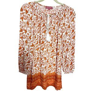 Rose & Thyme Bohemian Floral Blouse White Orange Tassel Tie Neck Long Sleeve M